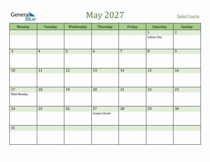 May 2027 Calendar with Saint Lucia Holidays