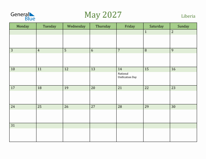 May 2027 Calendar with Liberia Holidays