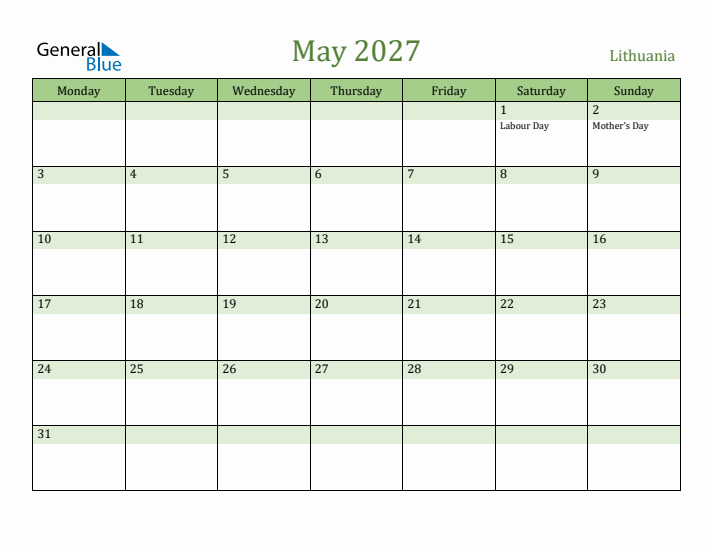 May 2027 Calendar with Lithuania Holidays