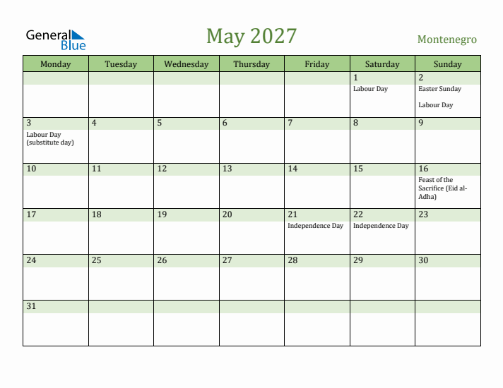 May 2027 Calendar with Montenegro Holidays