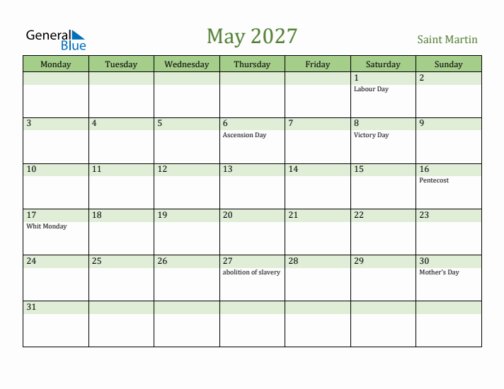 May 2027 Calendar with Saint Martin Holidays