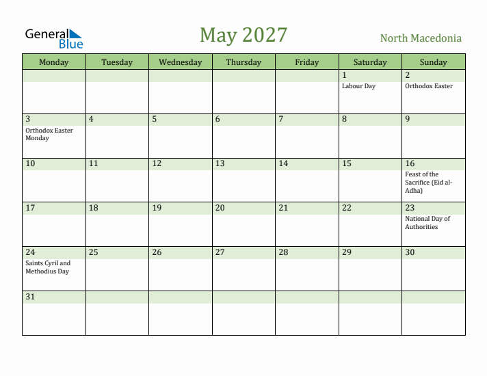 May 2027 Calendar with North Macedonia Holidays