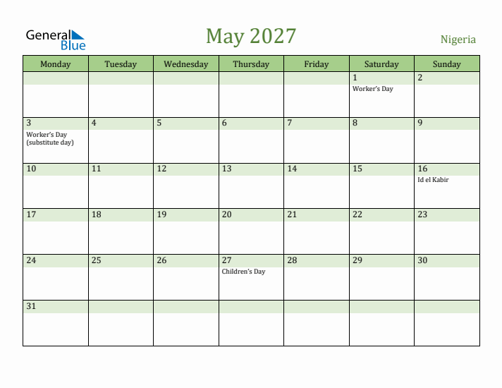 May 2027 Calendar with Nigeria Holidays