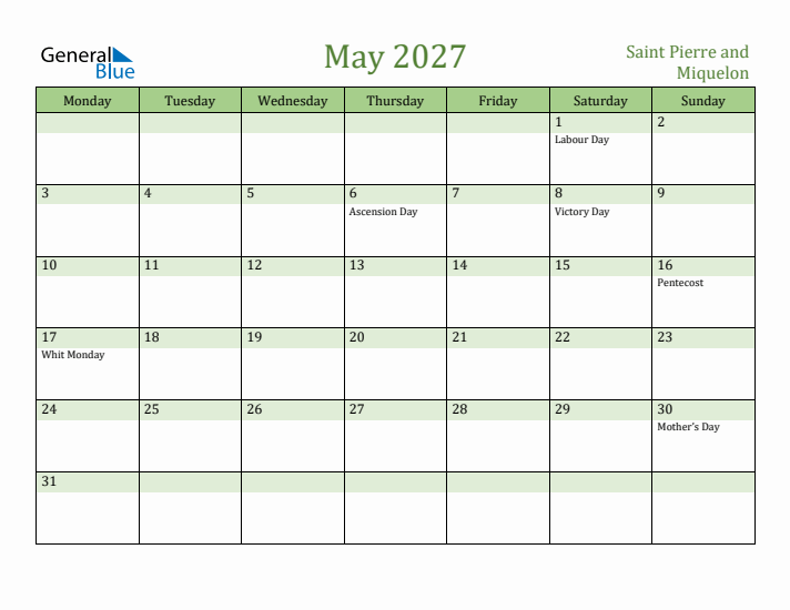 May 2027 Calendar with Saint Pierre and Miquelon Holidays