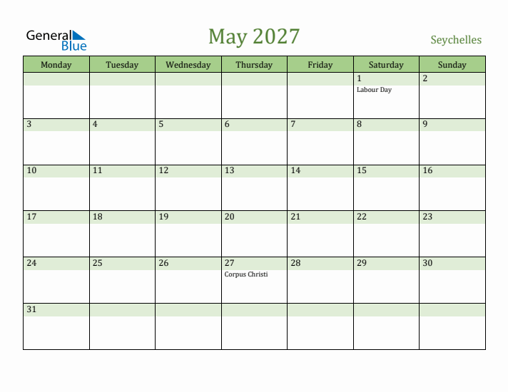 May 2027 Calendar with Seychelles Holidays