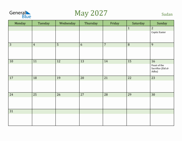 May 2027 Calendar with Sudan Holidays