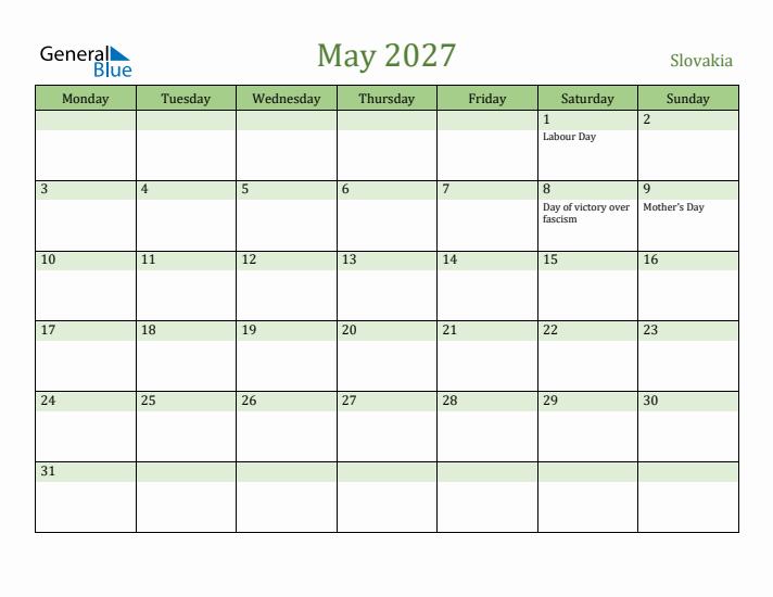 May 2027 Calendar with Slovakia Holidays