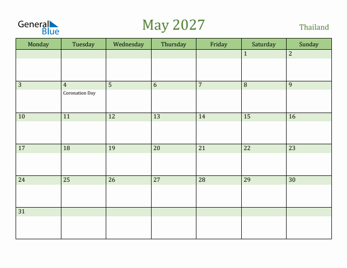May 2027 Calendar with Thailand Holidays