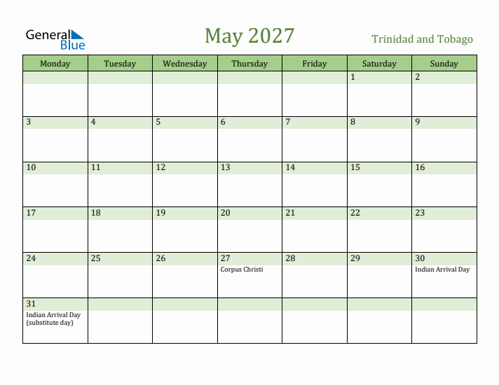 May 2027 Calendar with Trinidad and Tobago Holidays