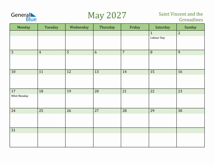 May 2027 Calendar with Saint Vincent and the Grenadines Holidays