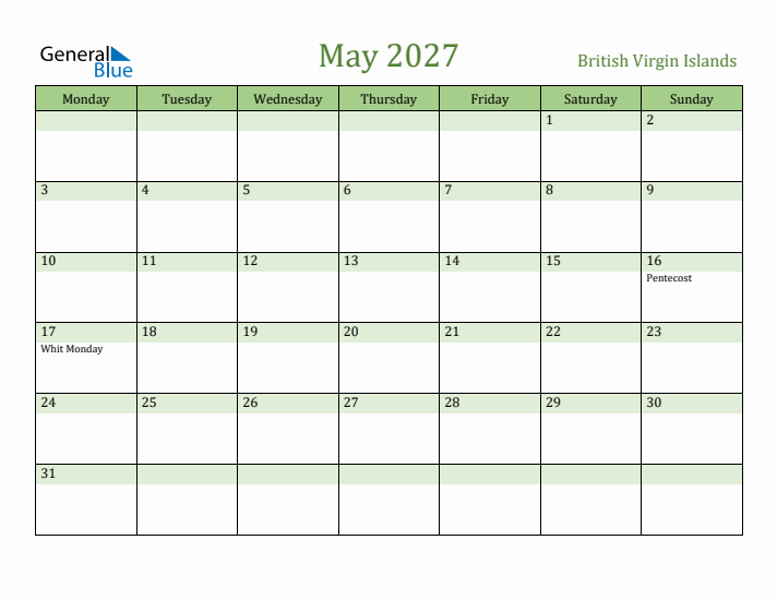 May 2027 Calendar with British Virgin Islands Holidays