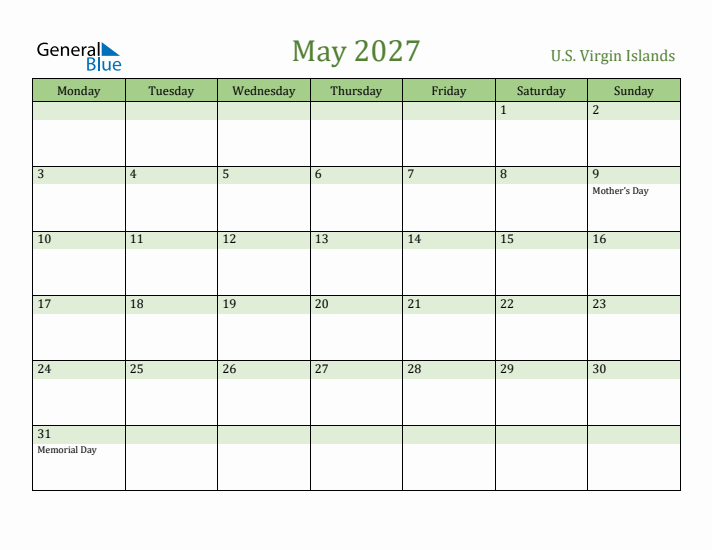 May 2027 Calendar with U.S. Virgin Islands Holidays