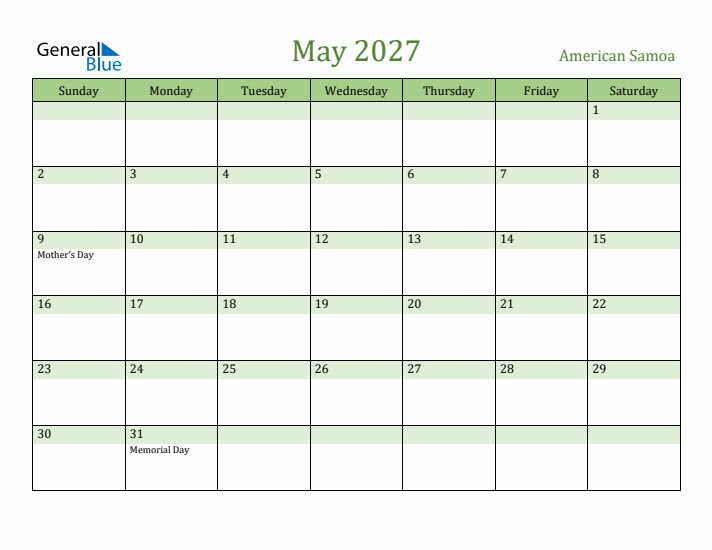 May 2027 Calendar with American Samoa Holidays