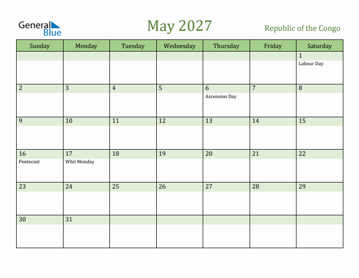 May 2027 Calendar with Republic of the Congo Holidays