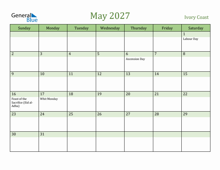 May 2027 Calendar with Ivory Coast Holidays