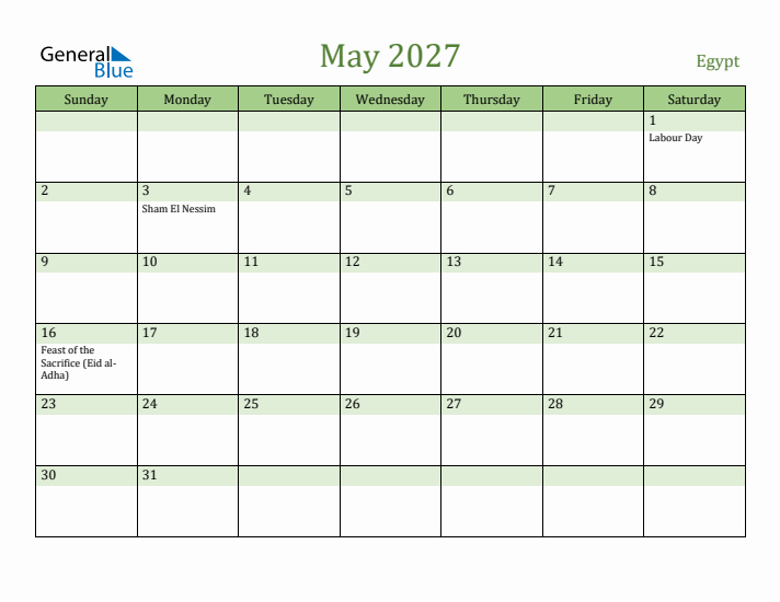 May 2027 Calendar with Egypt Holidays