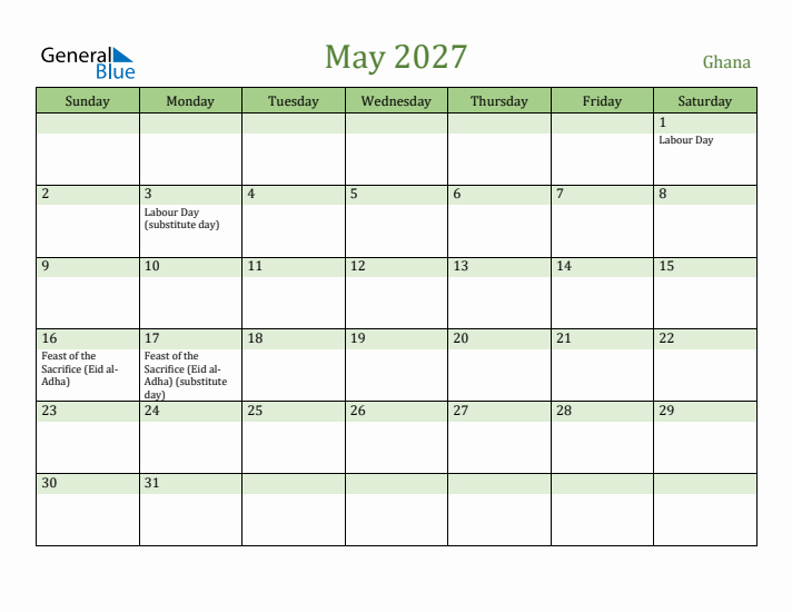 May 2027 Calendar with Ghana Holidays
