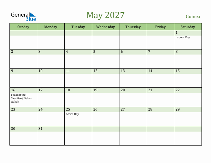May 2027 Calendar with Guinea Holidays