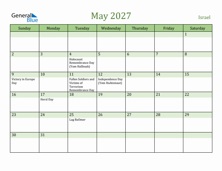 May 2027 Calendar with Israel Holidays
