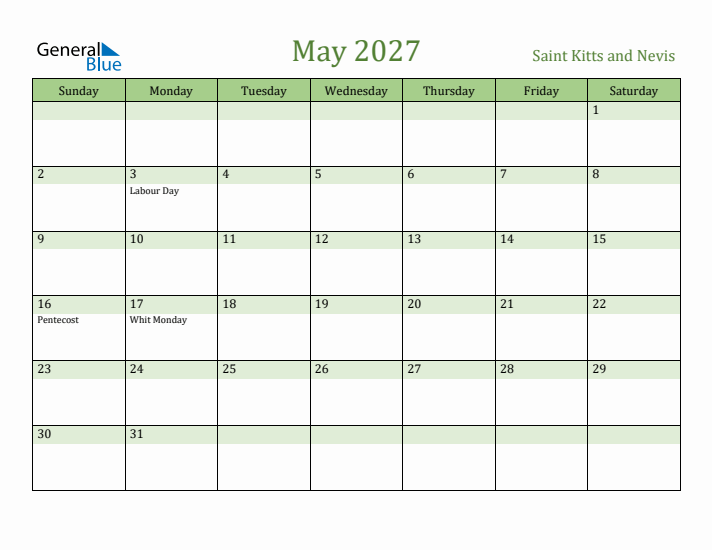 May 2027 Calendar with Saint Kitts and Nevis Holidays