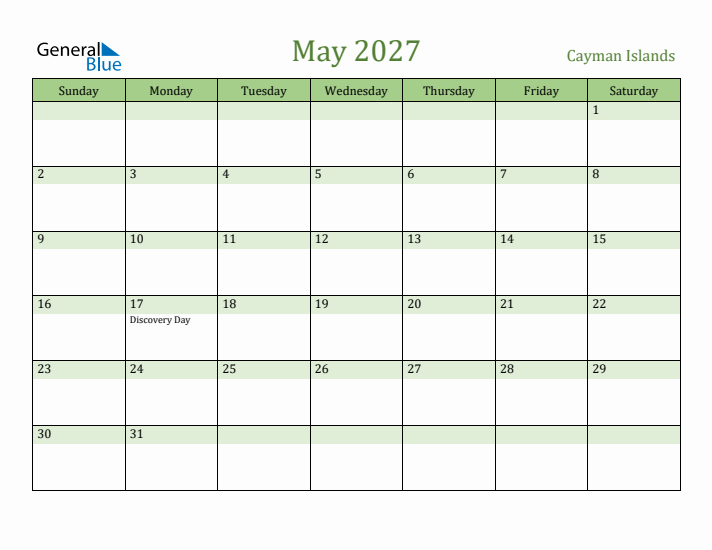 May 2027 Calendar with Cayman Islands Holidays