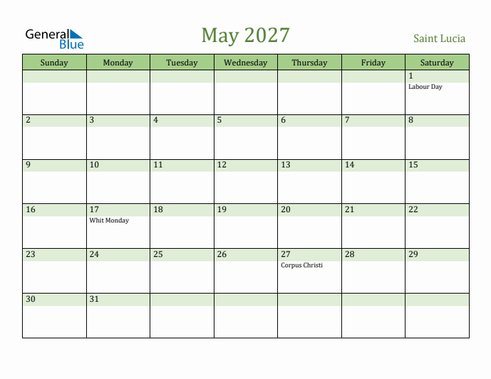 May 2027 Calendar with Saint Lucia Holidays