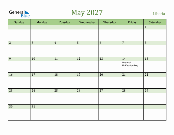 May 2027 Calendar with Liberia Holidays