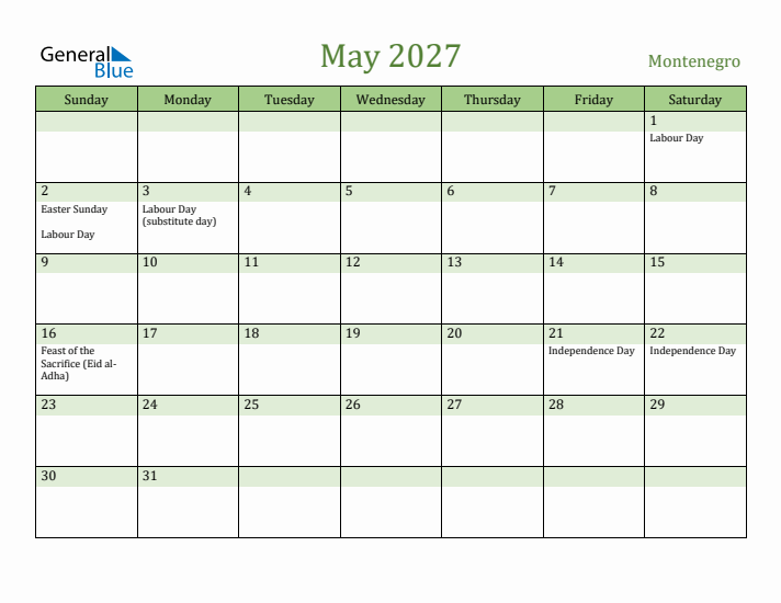 May 2027 Calendar with Montenegro Holidays
