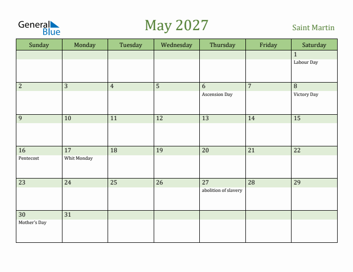May 2027 Calendar with Saint Martin Holidays