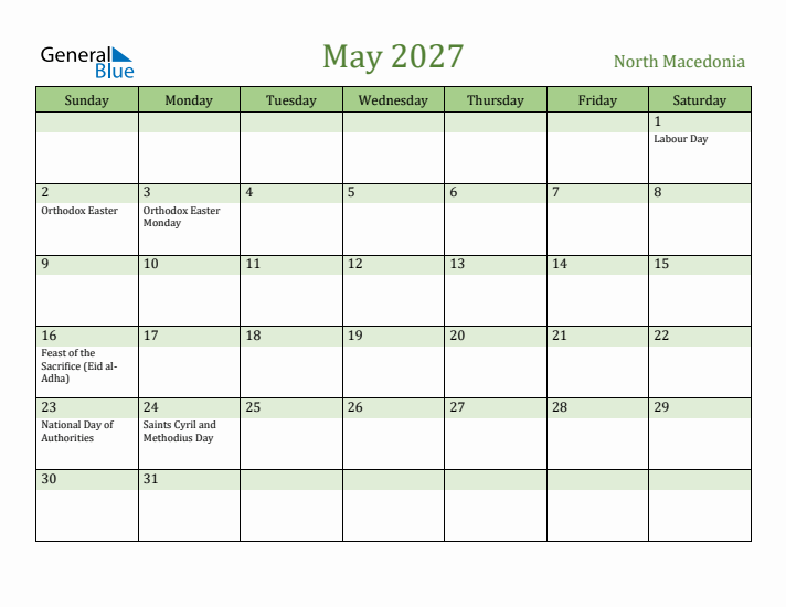 May 2027 Calendar with North Macedonia Holidays