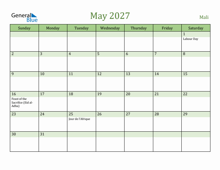 May 2027 Calendar with Mali Holidays