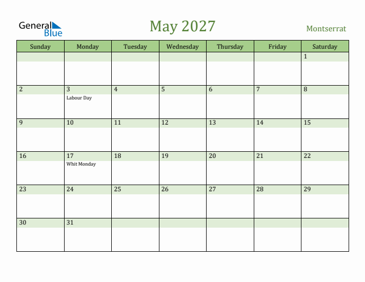 May 2027 Calendar with Montserrat Holidays
