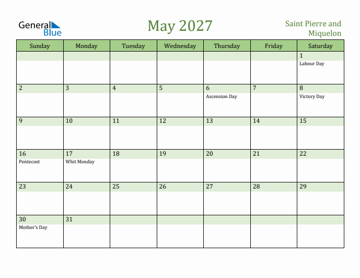 May 2027 Calendar with Saint Pierre and Miquelon Holidays