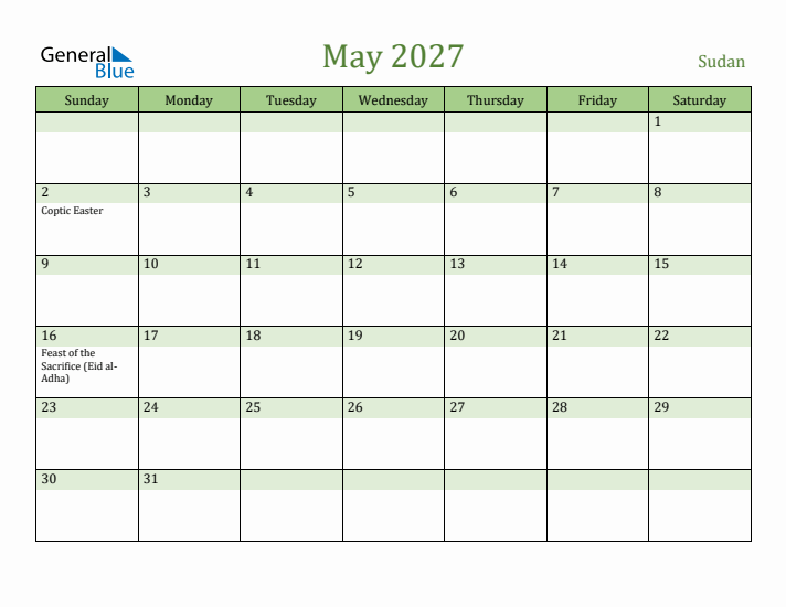 May 2027 Calendar with Sudan Holidays