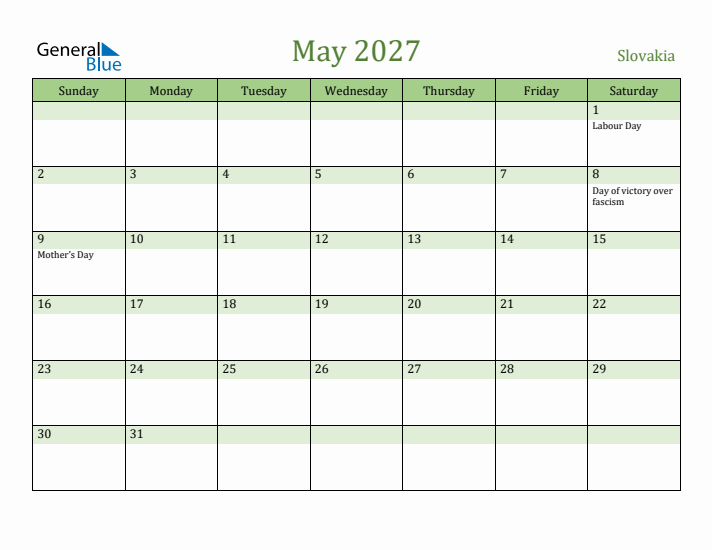 May 2027 Calendar with Slovakia Holidays