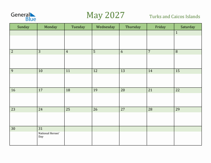 May 2027 Calendar with Turks and Caicos Islands Holidays