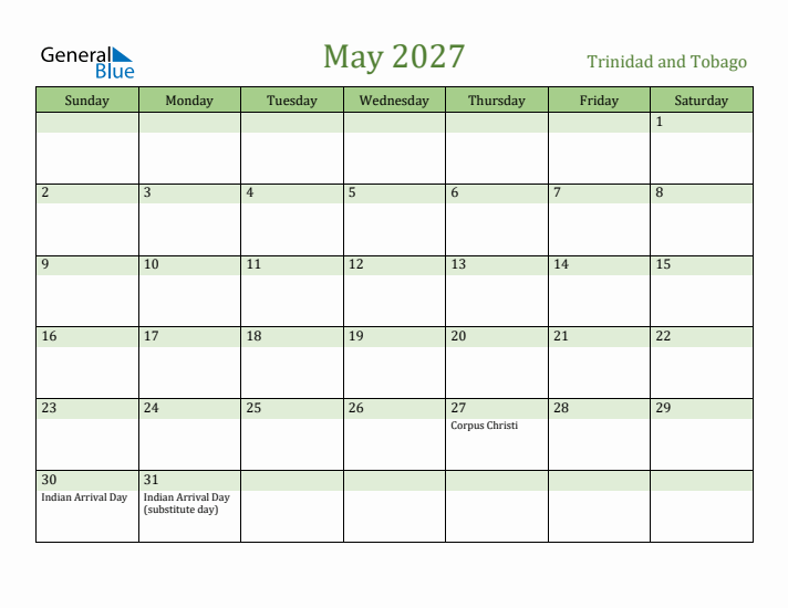 May 2027 Calendar with Trinidad and Tobago Holidays