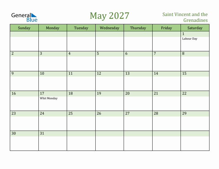 May 2027 Calendar with Saint Vincent and the Grenadines Holidays