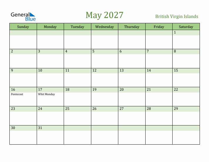 May 2027 Calendar with British Virgin Islands Holidays