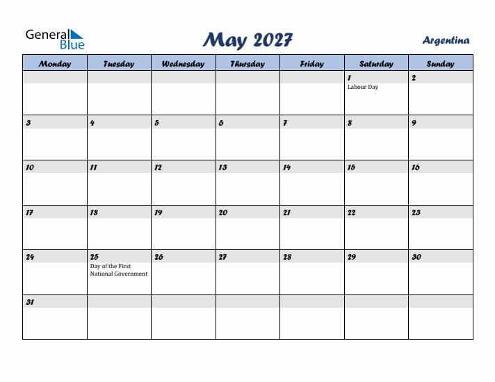 May 2027 Calendar with Holidays in Argentina