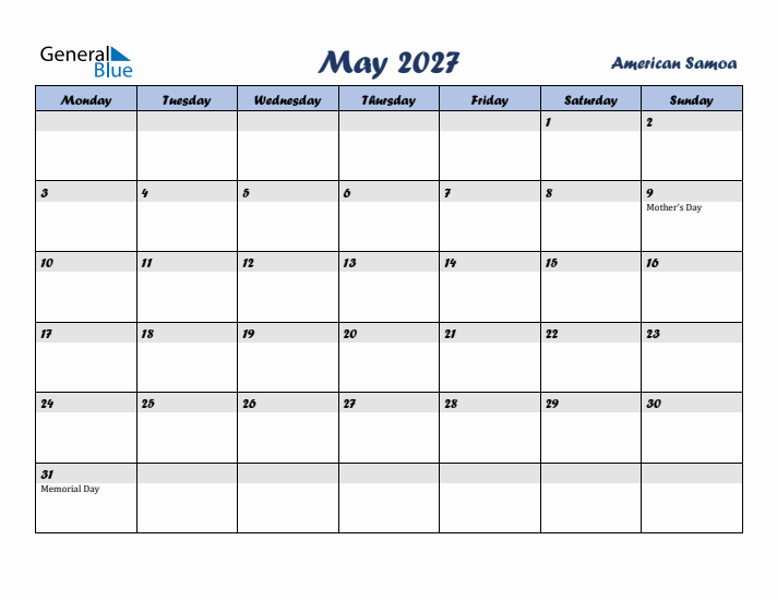 May 2027 Calendar with Holidays in American Samoa
