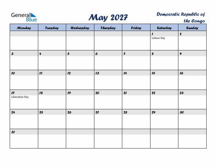 May 2027 Calendar with Holidays in Democratic Republic of the Congo
