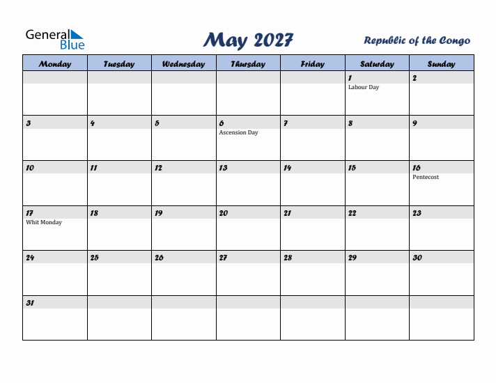 May 2027 Calendar with Holidays in Republic of the Congo
