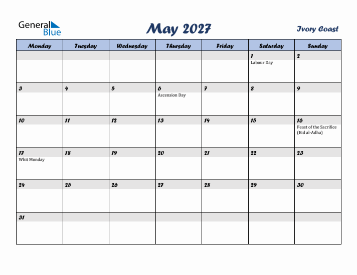 May 2027 Calendar with Holidays in Ivory Coast