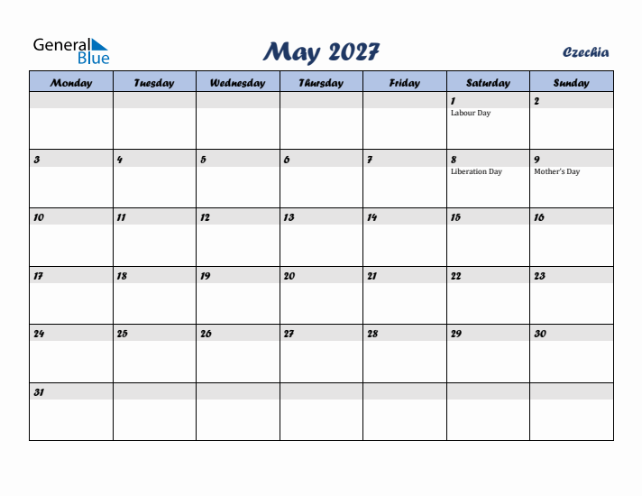 May 2027 Calendar with Holidays in Czechia