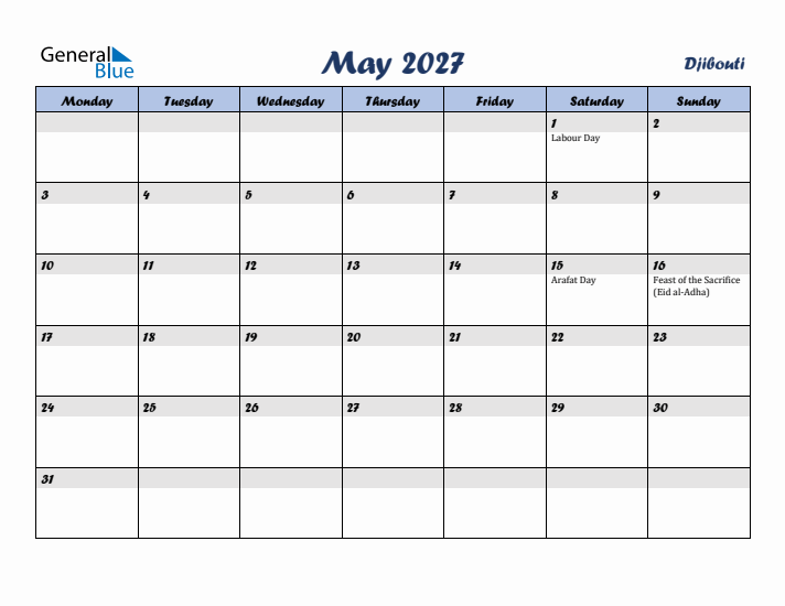 May 2027 Calendar with Holidays in Djibouti