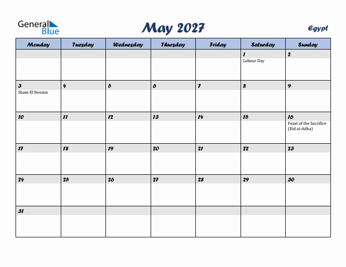 May 2027 Calendar with Holidays in Egypt