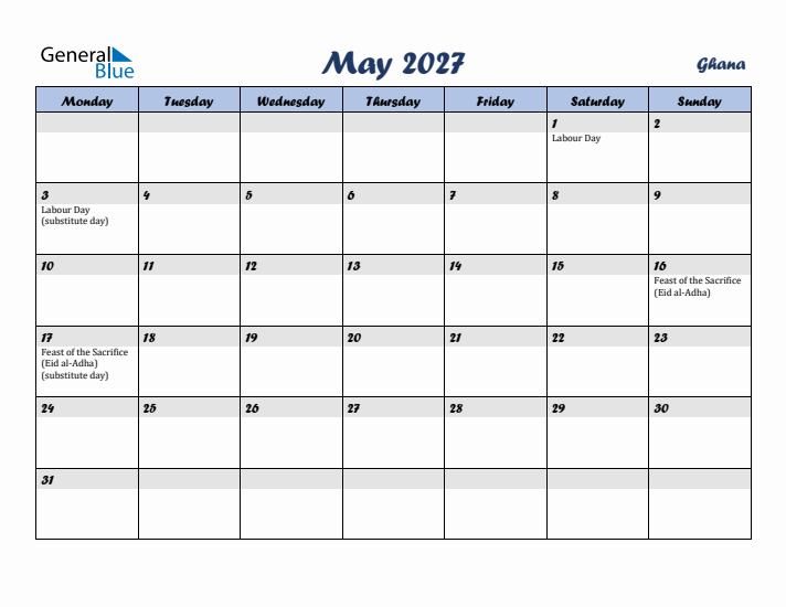 May 2027 Calendar with Holidays in Ghana
