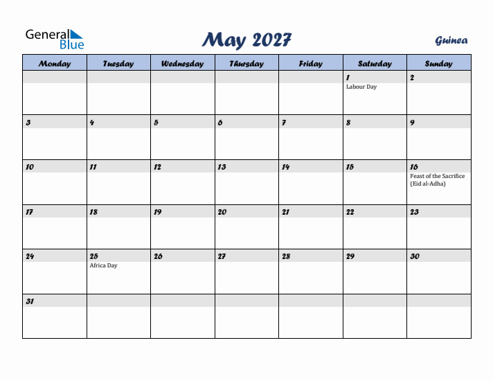 May 2027 Calendar with Holidays in Guinea