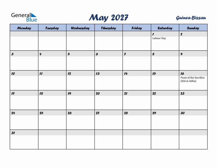 May 2027 Calendar with Holidays in Guinea-Bissau
